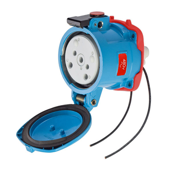 39-64242-K04-972-843 - DR100 RECEPTACLE METAL BLUE SIZE 4 TYPE 3R 2P+G 100A 480 VAC 60 Hz +2 AUX PADLOCK PAWL